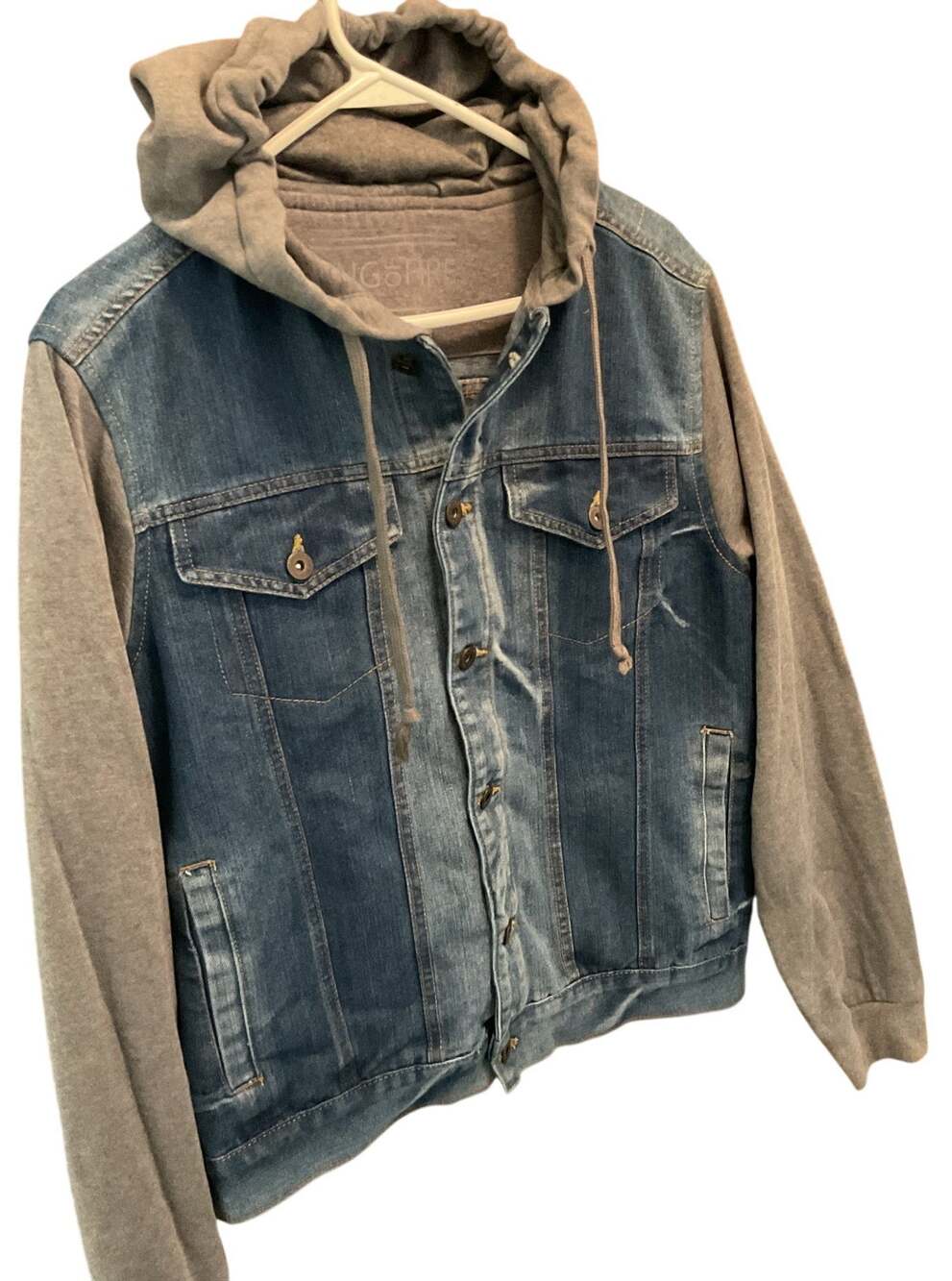 Ring of Fire Jacket Mens Medium Blue Distressed Denim Mixed Media Hooded